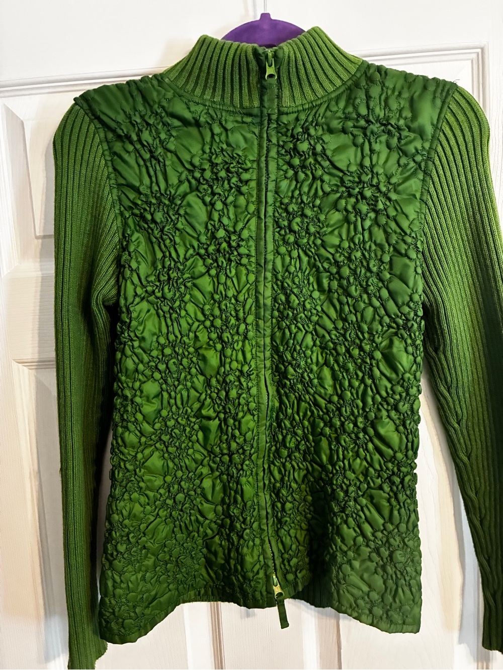 Green Quilted-Texture Zip Turtleneck Sweater